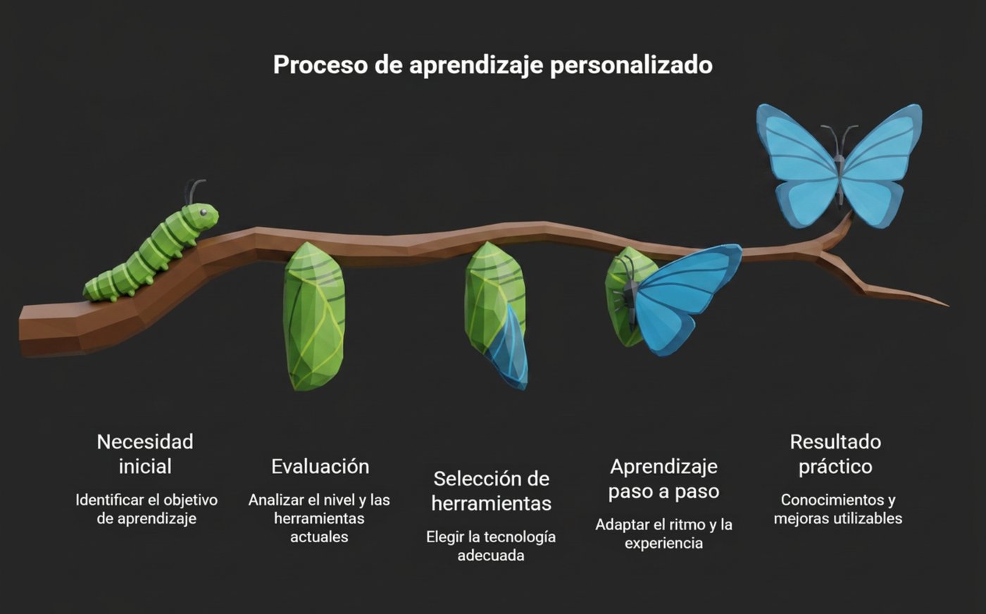 Ilustración decorativa: metamorfosis de oruga a mariposa que representa el proceso de aprendizaje